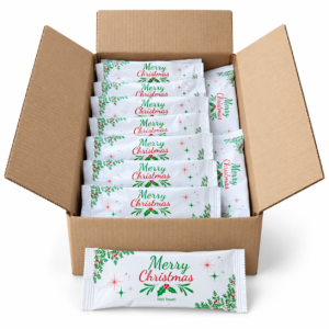 Christmas Hospitality Towels box of 100, open box with individually wrapped towels