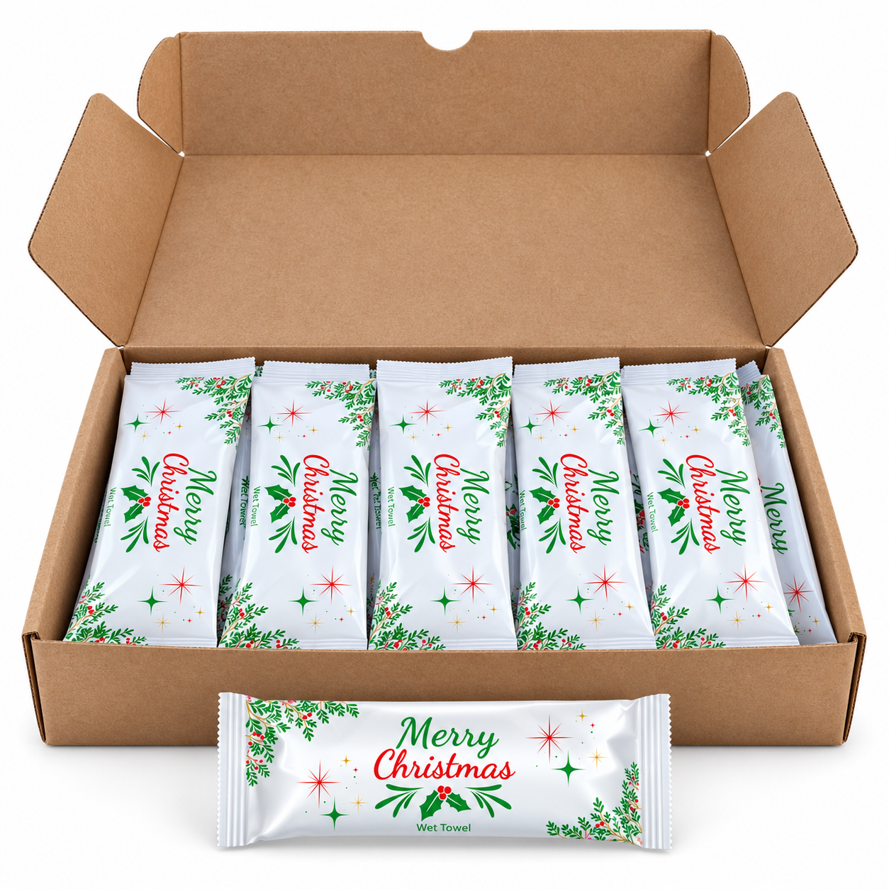 Christmas Hospitality Towels box of 20, open box with individually wrapped towels