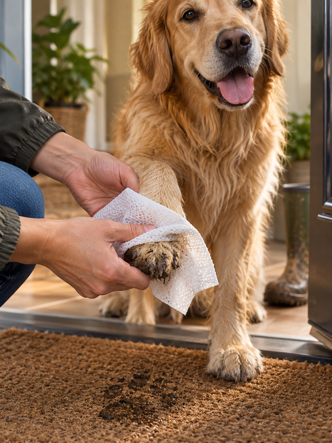 Wiping a dog's muddy paw with a LuxPati pet towel after a walk