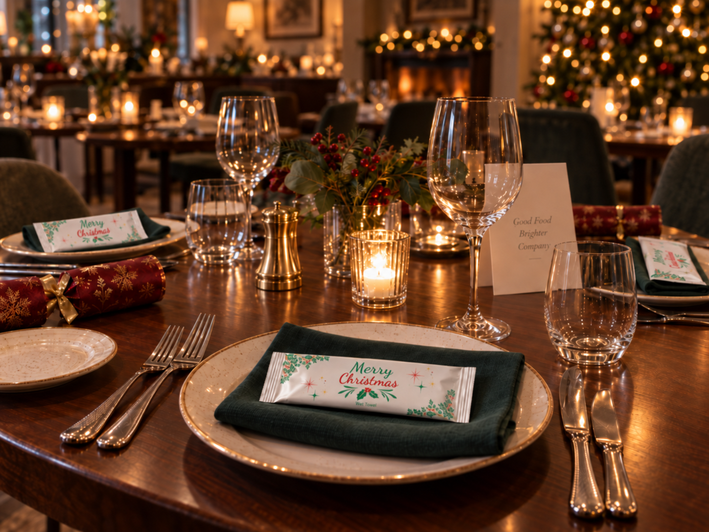 Christmas hospitality towel on a festive restaurant table setting