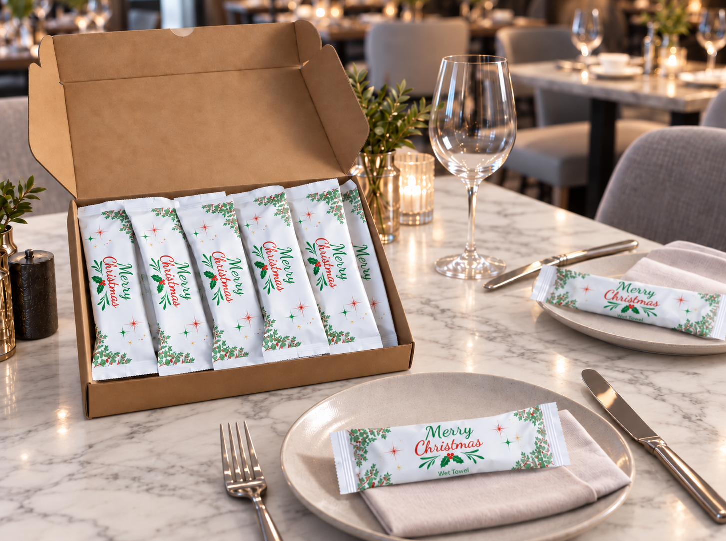 Box of 20 Christmas hospitality wet towels on a restaurant table