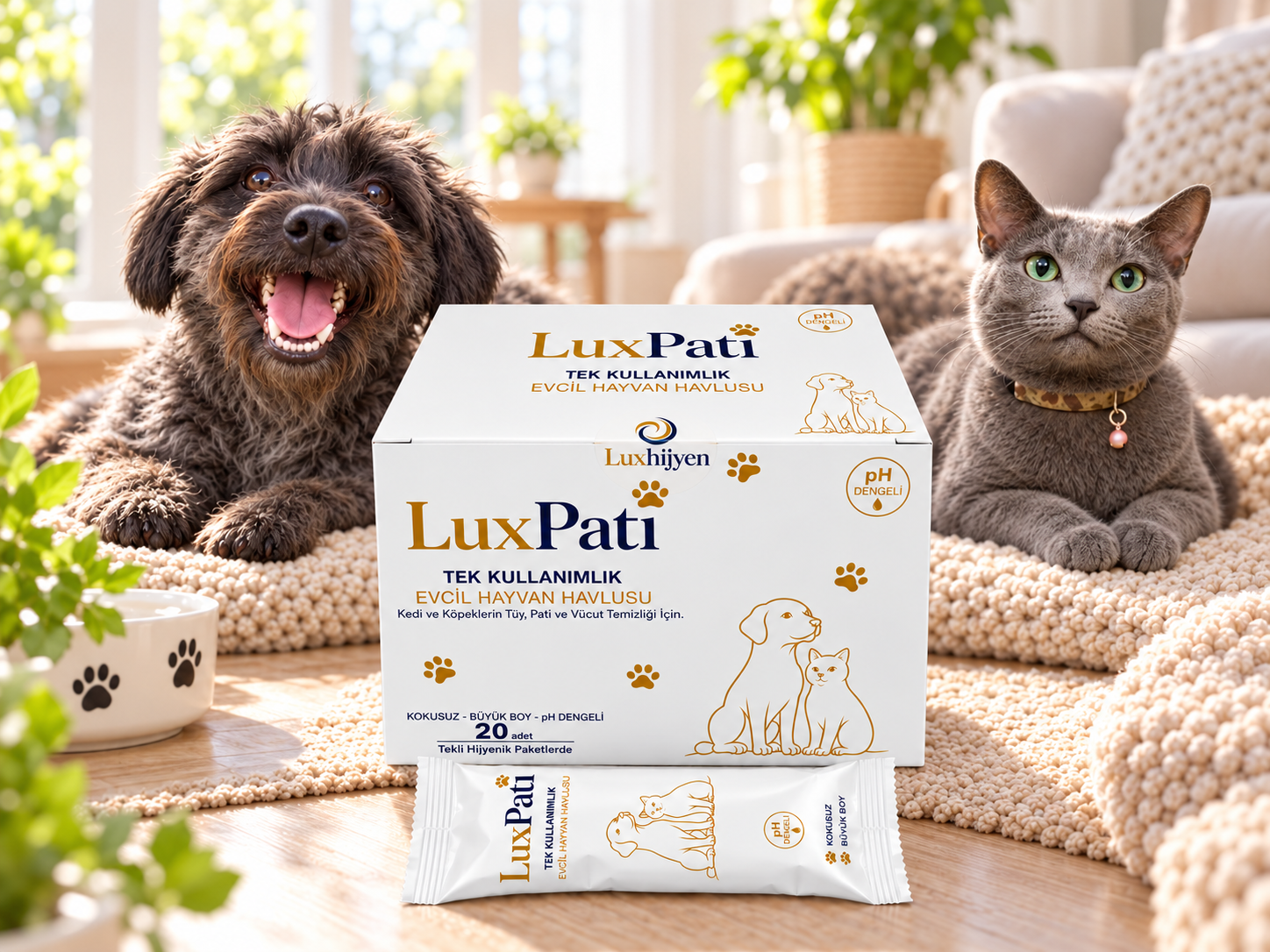 LuxPati pet towels box with a dog and cat